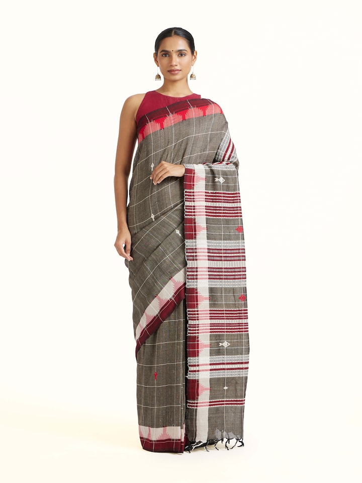 Front view of Brown Cotton Tussar Silk Kotpad Saree showcasing its traditional craftsmanship and design