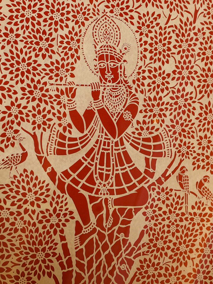 Detail view of the Sanjhi Paper Stencil Kalpavriksha with Krishna Wall Art
