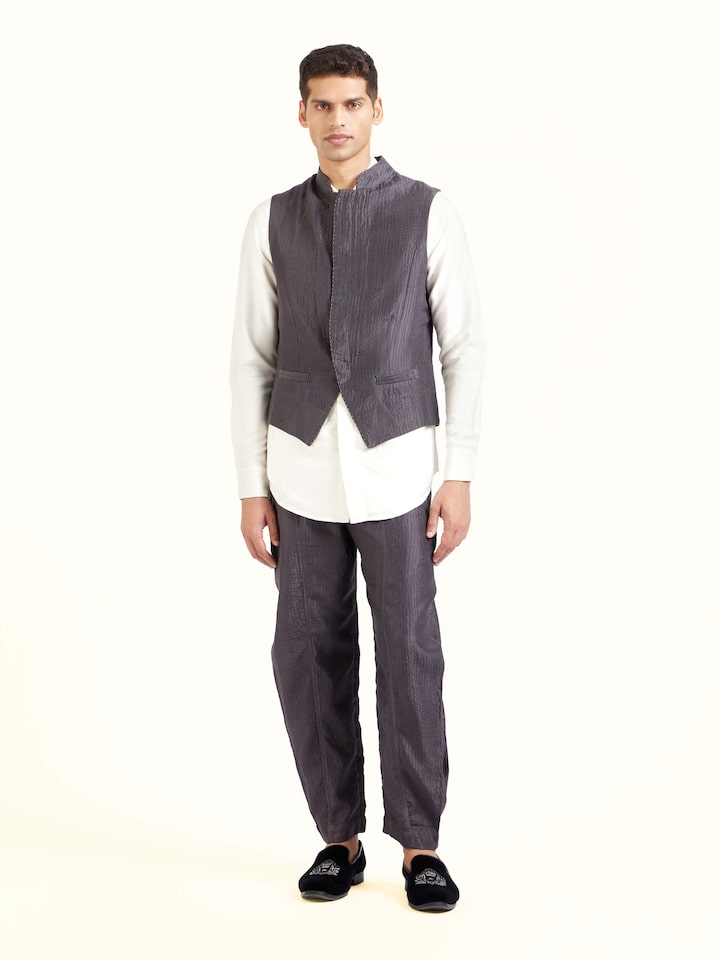 Front view of grey silk handloom silk ethnic jacket with subtle woven texture