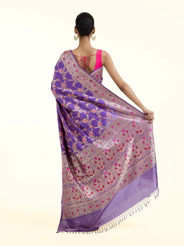 Back view of purple mulberry katan silk Banarasi saree displaying grand pallu