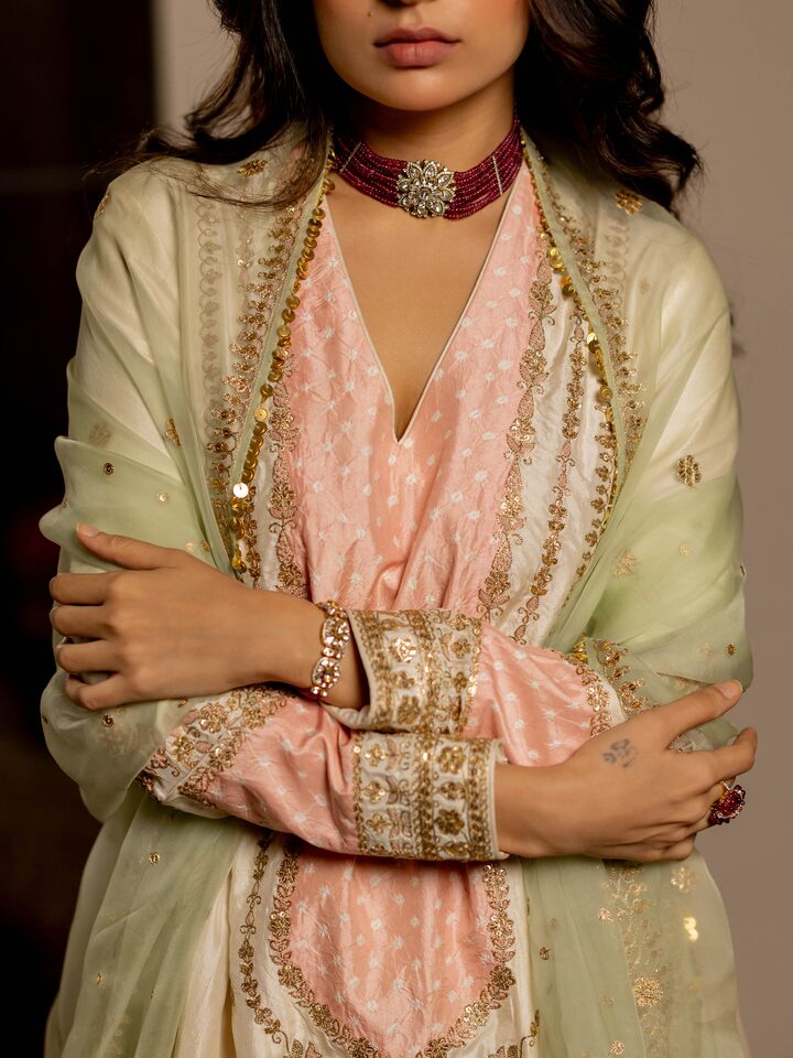 Detail view of the Mint Green Silk Embroidered Organza Dupatta