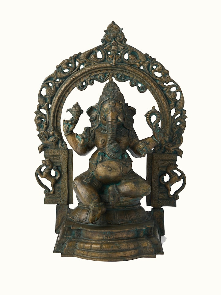 Front view of the Bronze Sitting Ganesha Prabhavali Idol
