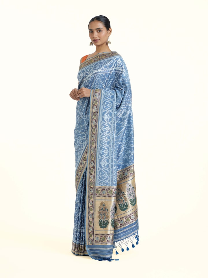 Side view of Indigo Ashavali Brocade Silk Saree highlighting the detailed craftsmanship and elegant silhouette
