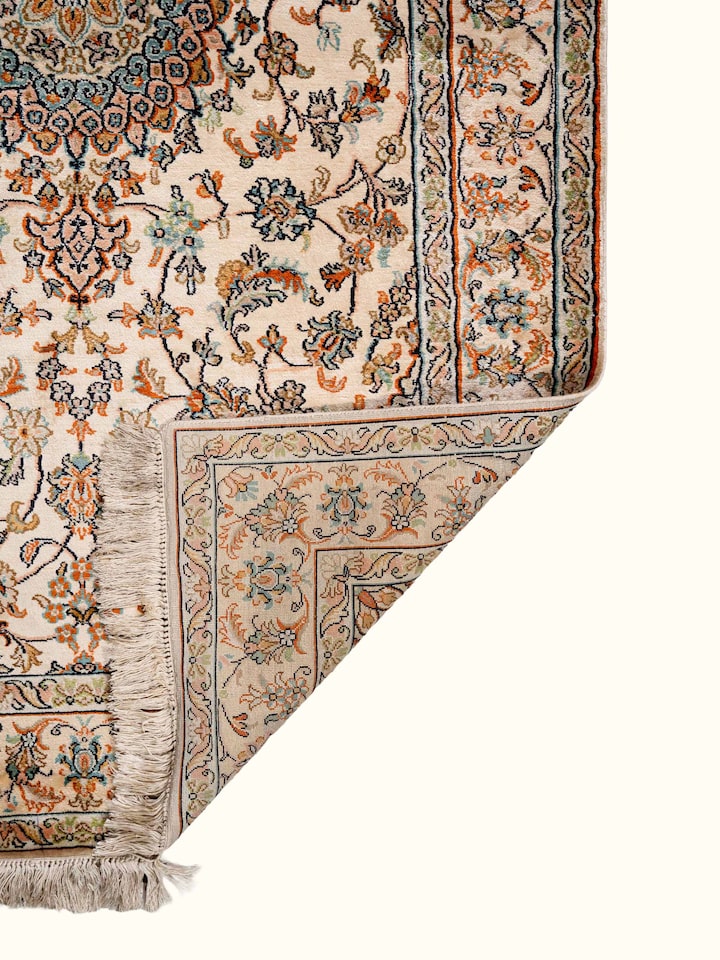 Back view of Traditional Persian Beige Kashan Kashmir Silk Hand-Knotted Carpet showing the reverse weave