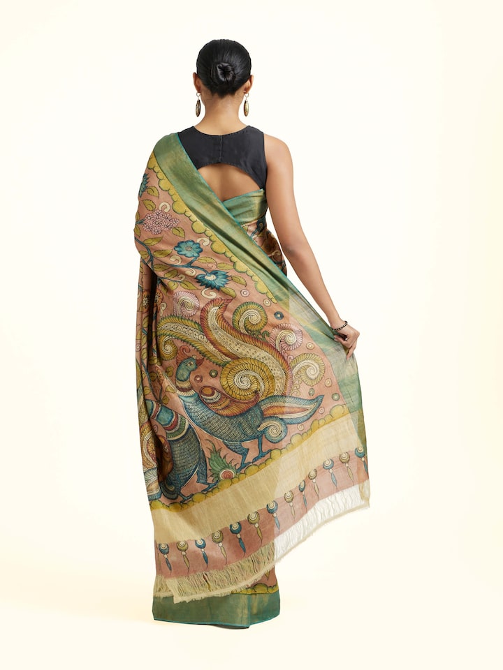 Back view of Tussar Silk Kalamkari Saree showing the pleats and finish