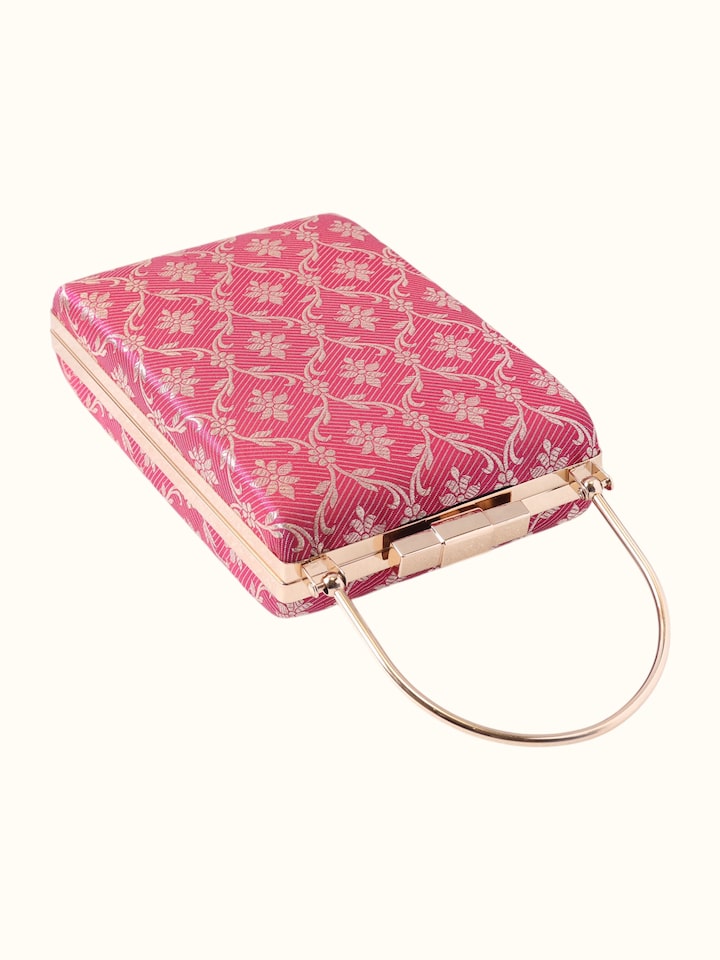Close-up view of Pink Banarasi Silk Handbag highlighting the fabric weave and craftsmanship
