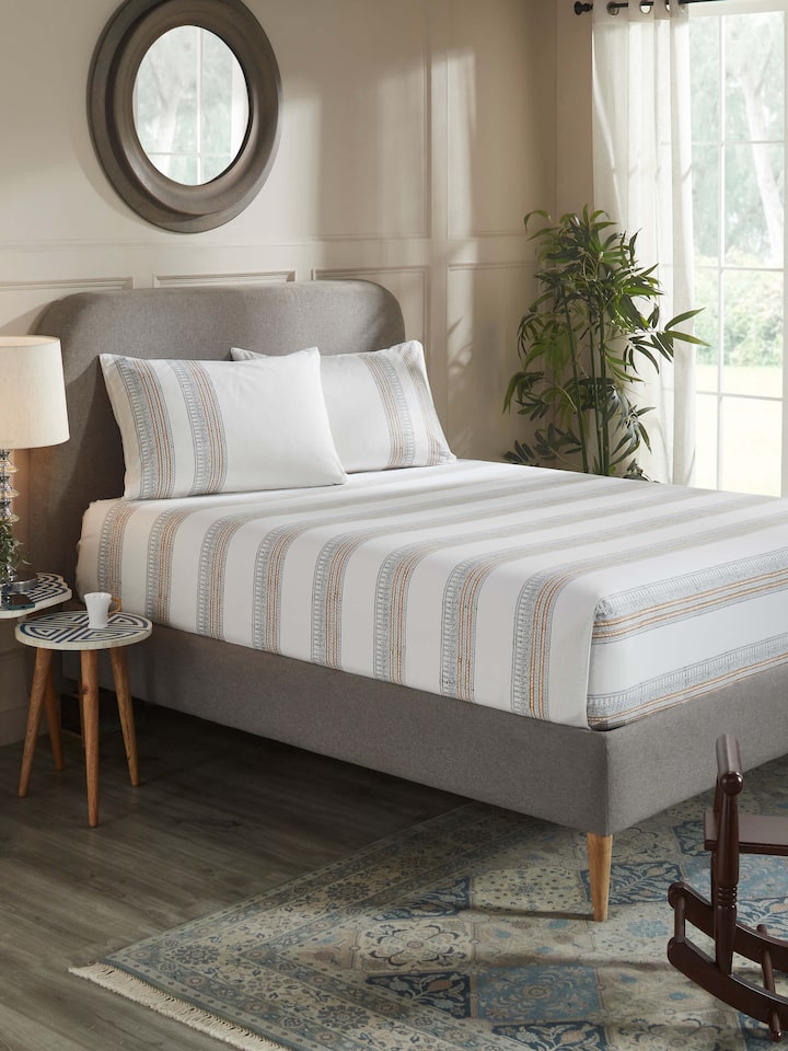 Orion Cotton Sanganeri Hand Block Print Stripe Queen-size Bedsheet Set