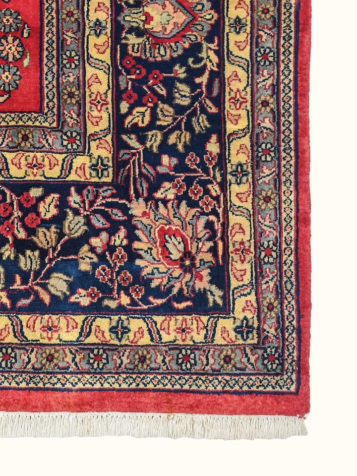 Traditional Sarouk Red Navy Bhadohi Wool Hand Knotted Rug