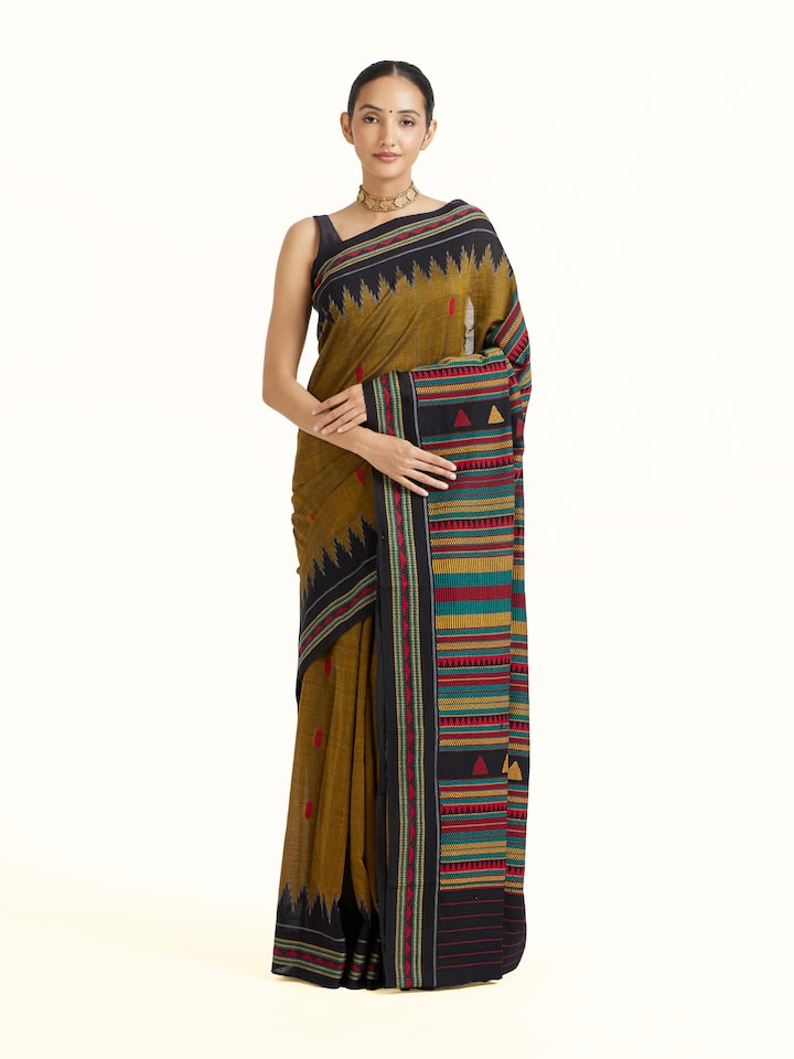 Front view of Yellow Cotton Dongaria Saree showcasing its traditional craftsmanship and design