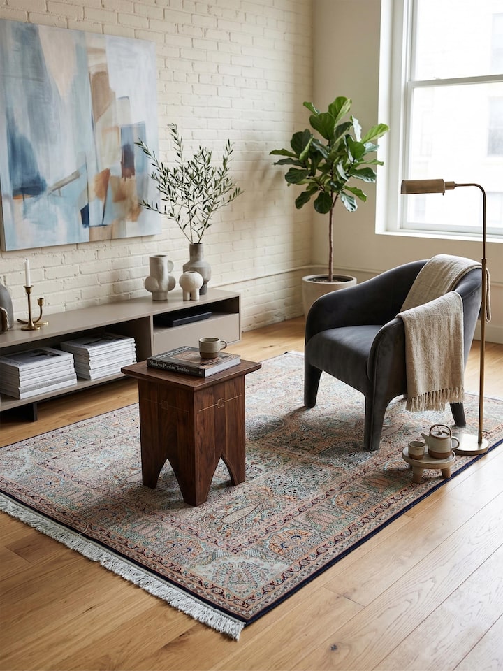 Lifestyle view of the Traditional Persian Rust Hamadan Kashmir Silk Hand-Knotted Carpet