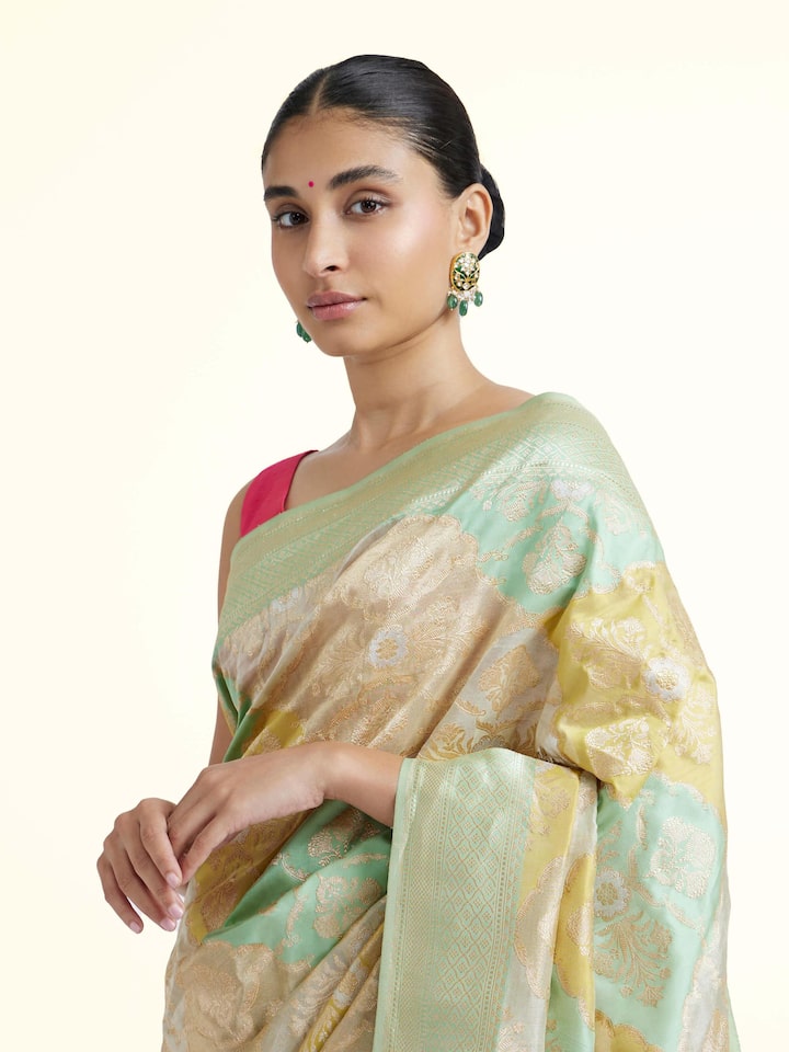 Close-up view of Silk Rangkat Banarasi Saree highlighting the handwoven motif and texture