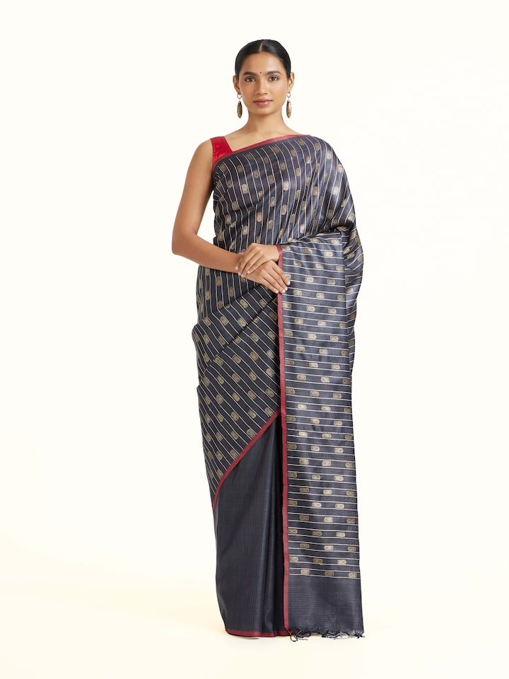 Front view of Blue Tussar Silk Odisha Ikat Saree showcasing its traditional craftsmanship and design