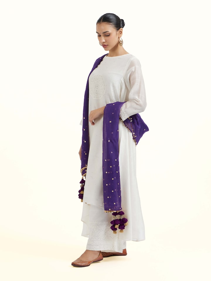 Side view of Purple Hand Embroidered Dupatta highlighting the detailed craftsmanship and elegant silhouette
