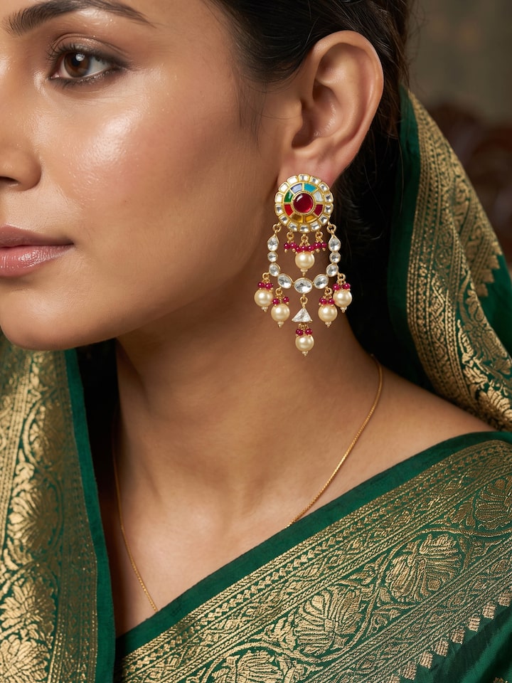 Styled view of Navratna Silver Drop Earrings worn on the ear, showing how it looks styled, from a different angle