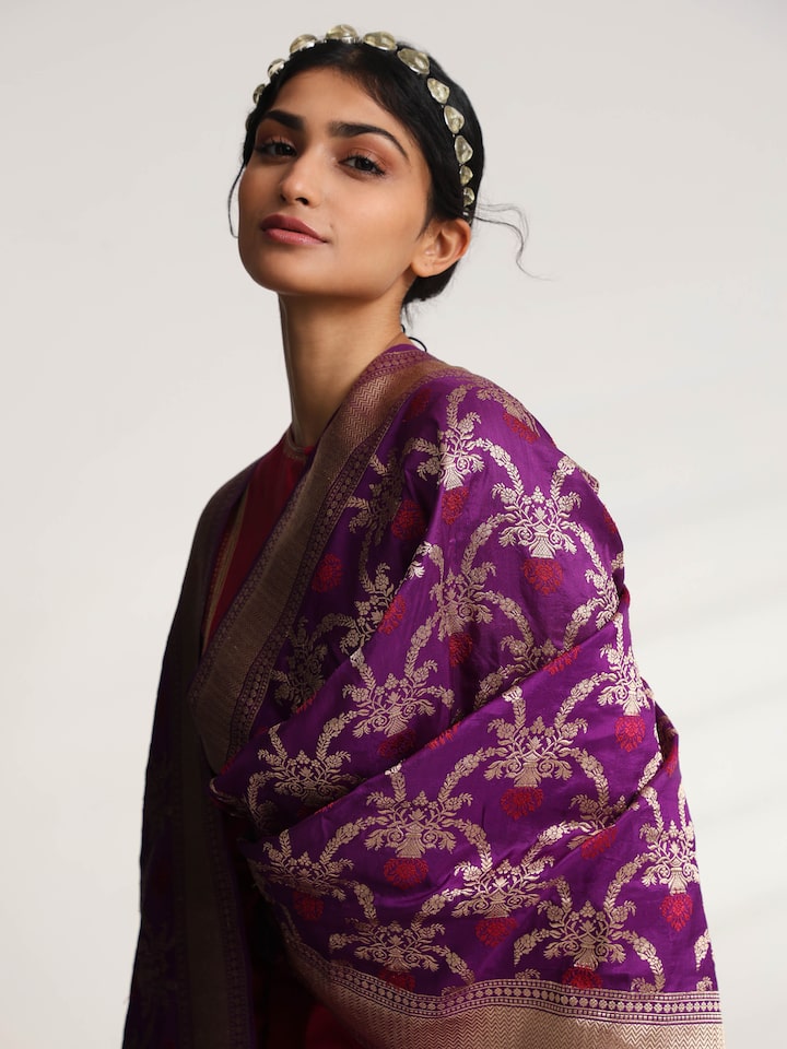 Detail view of purple Banarasi silk kadwa jaal handwoven dupatta showing silk texture