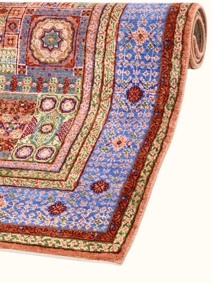 Detail view of Traditional Persian Mamluk Rust Bhadohi Wool & Bamboo Silk Hand Knotted Rug highlighting the intricate pattern and pile texture, fro...