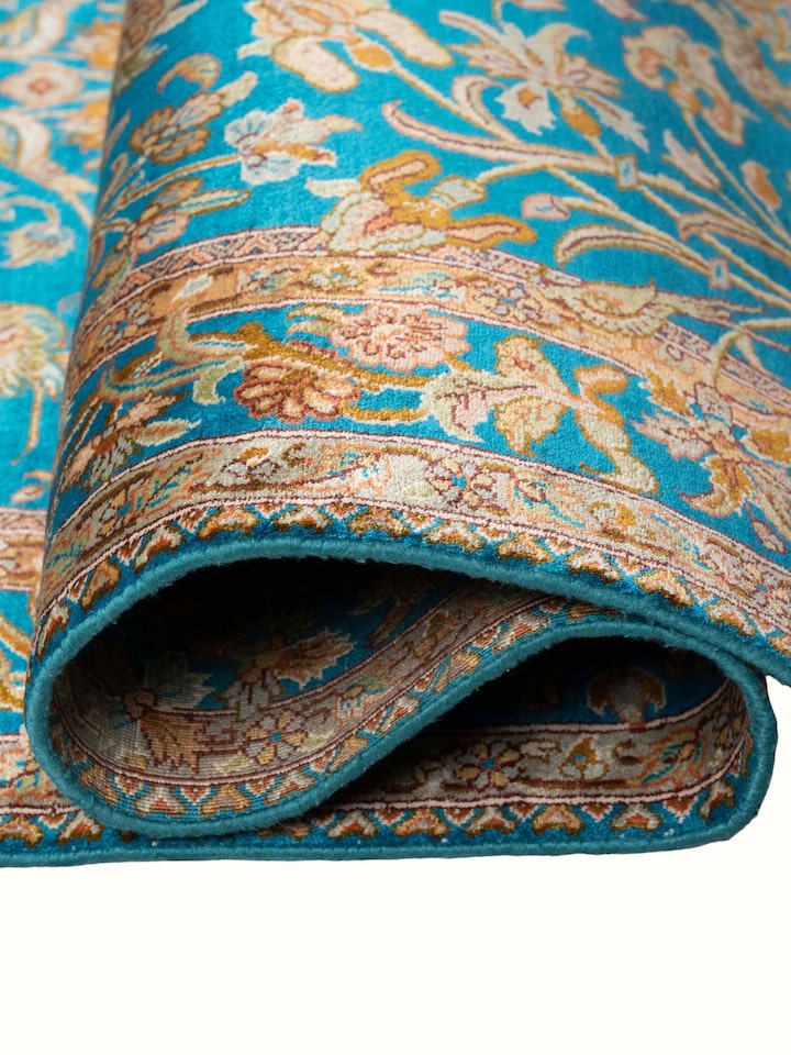 Traditional Persian Blue Mahal Kashmir Silk Hand-Knotted Carpet