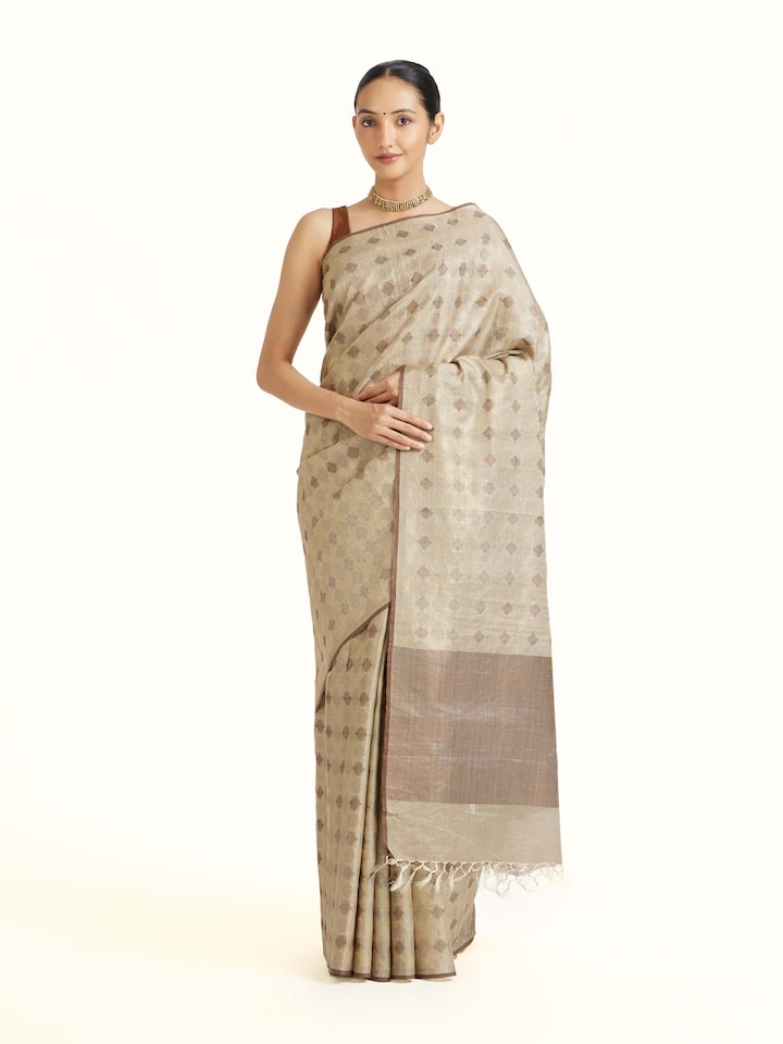 Front view of the Beige Tussar Silk Saree