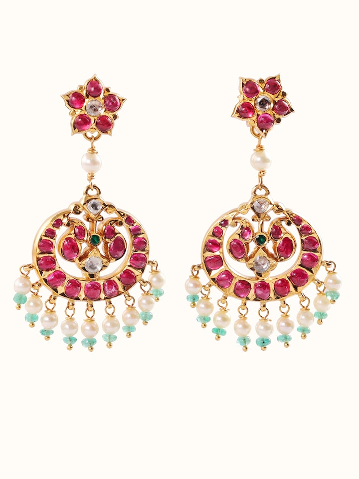 Front view of Kundala Velai 22 Karat Gold Drop Earrings showcasing their elegant gold design and intricate detailing