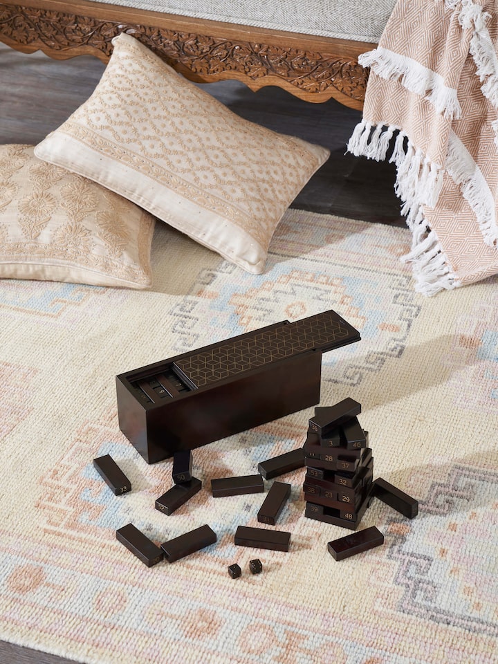 Side view of Antique-Finished Tarkashi Jenga Block Game highlighting the craftsmanship and details