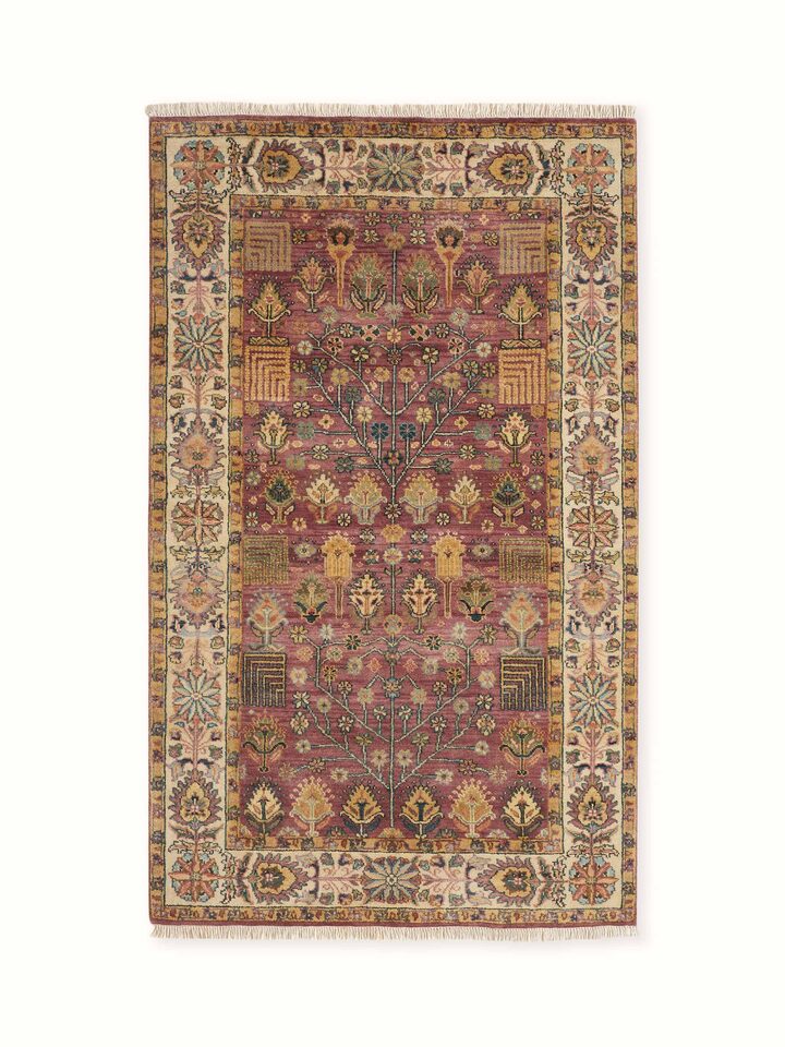 Full view of Traditional Ziegler Plum Jaipur Wool Hand-Knotted Carpet, highlighting its detailed floral motifs and rich plum tones.