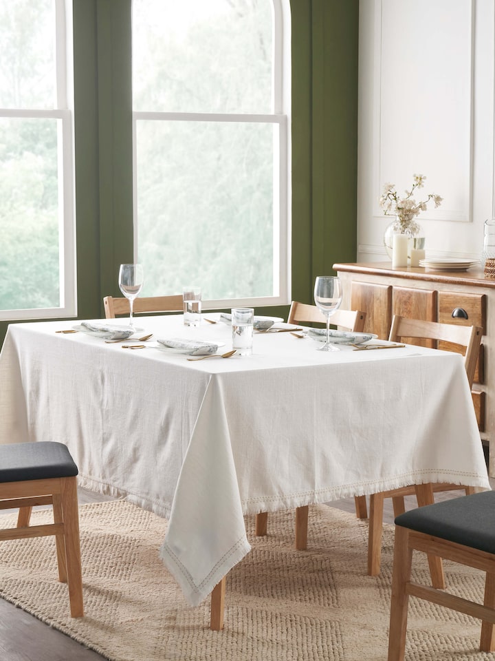 Nityam Ivory Cotton Slub Embroidered Table Cloth