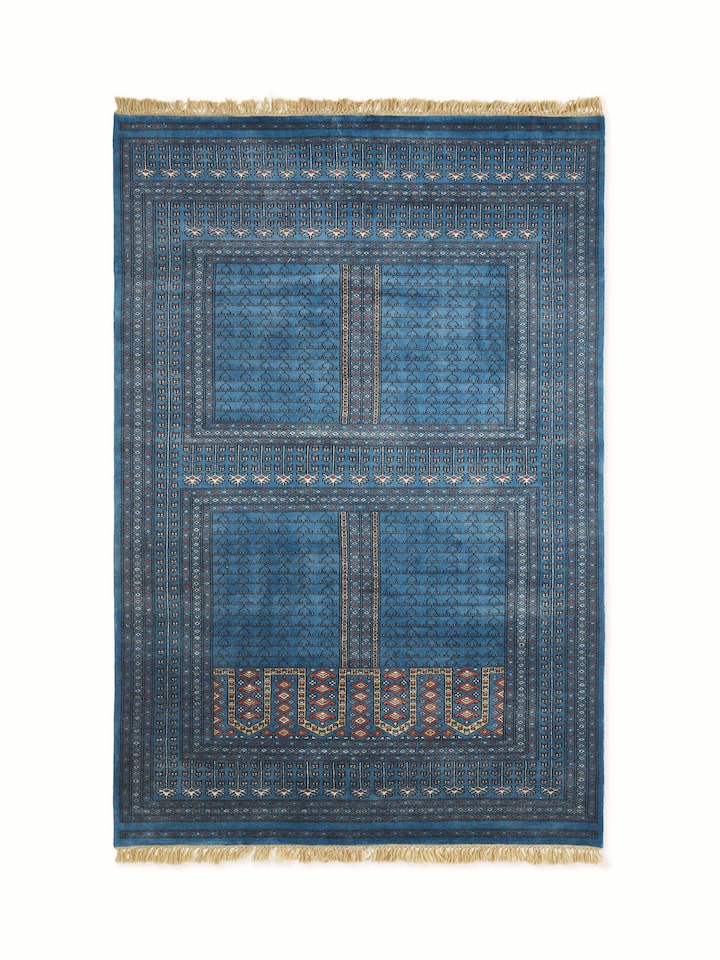 Front view of Amritsari Parda Blue Gwalior Wool Hand-knotted Rug showing the full rug and pattern layout
