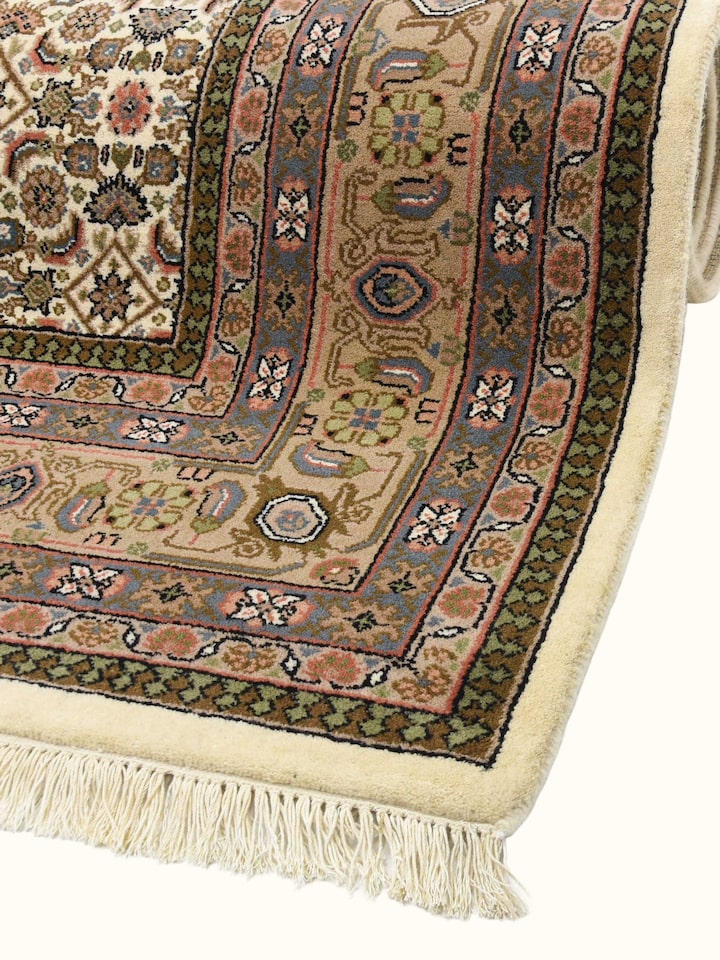 Detail view of Traditional Persian Herati Beige Bhadohi Wool Hand Knotted Rug highlighting the intricate pattern and pile texture