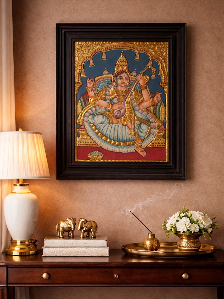Left-side view of the Antique Saraswathi Thanjavur Painting