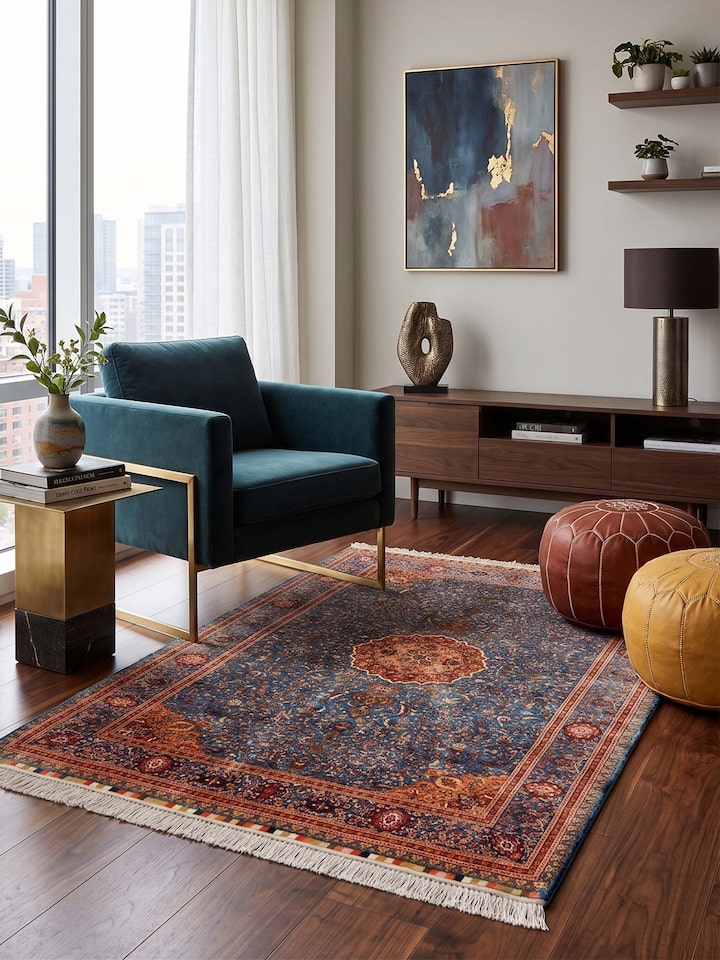 Styled view of Traditional Persian Azure Rust Isfahan Kashmir Silk Hand-Knotted Carpet styled in a room setting
