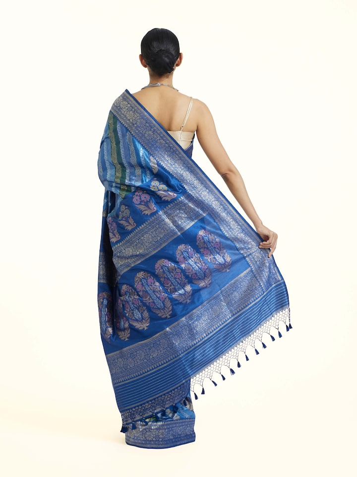Back view of Indigo Ashavali Brocade Silk Saree emphasizing the overall design and fine details