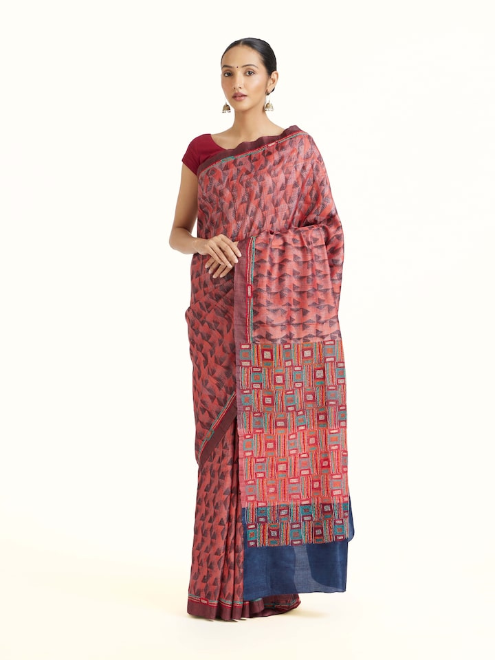 Side view of the Red Tussar Silk Discharge Printed Kantha Embroidered Saree