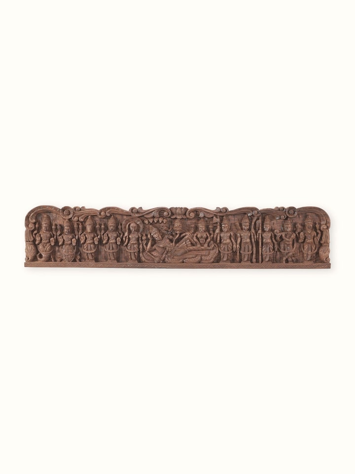 Front view of the Wood Carved Lakshmi Ganpati Saraswati Idol