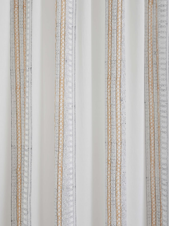 Sanganeri hand block print grey block stripe sheer curtain 7 ft, detail of fabric pattern