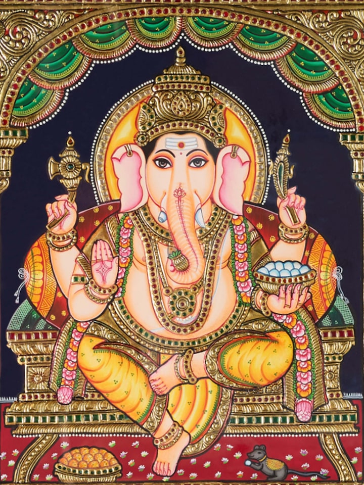 Close-up detail of the Lakshmi Ganesh Saraswathi Thanjavur Painting