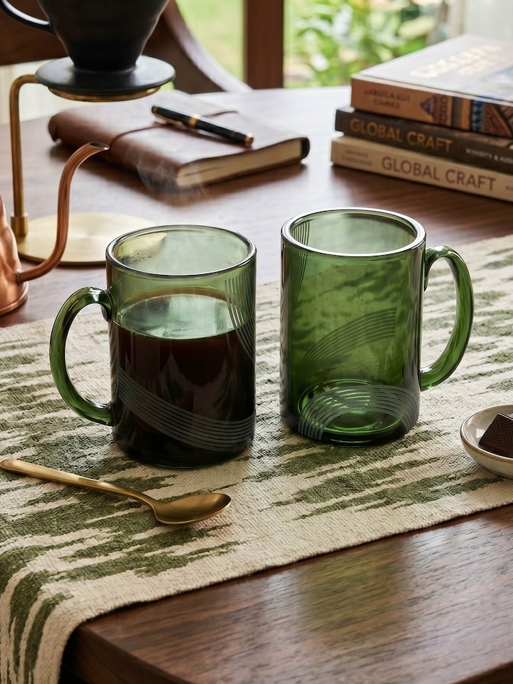 Front view of the Firozabadi Glass Coffee Mugs Green (2 Pcs)