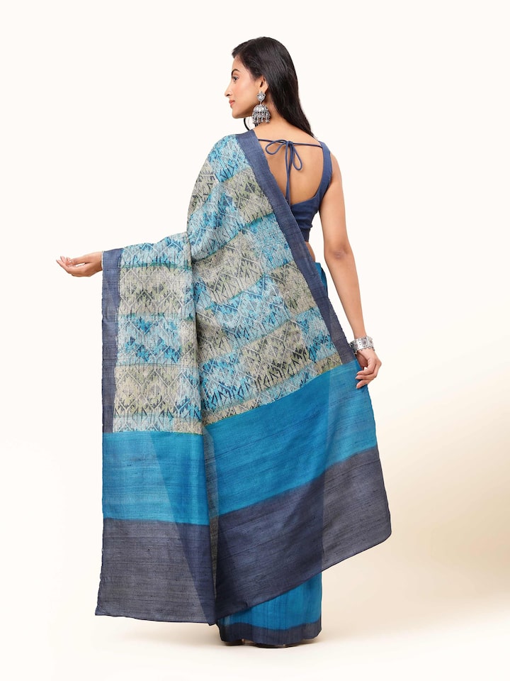 Indigo Tussar Silk Discharge Printed Saree