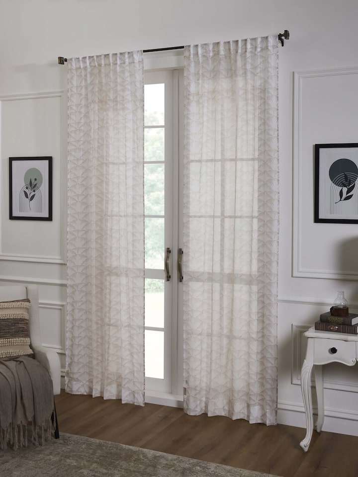 Parvat Beige Cotton Silk Sanganeri Hand Block Printed Curtain, Long Door (9 Ft)
