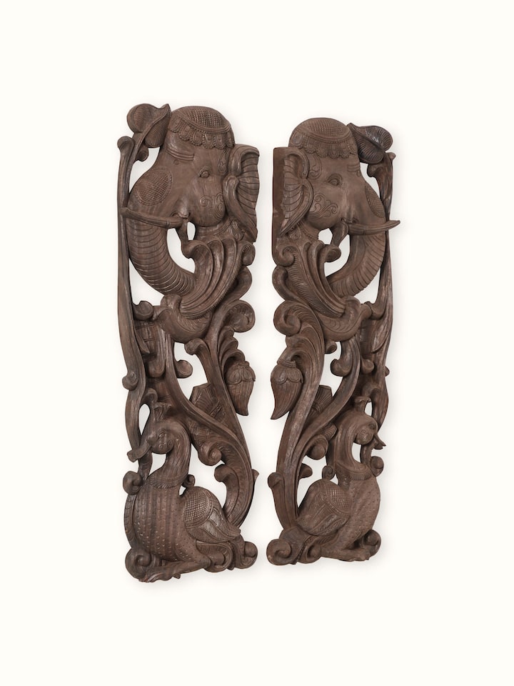 Angled view of the Wood Carved Elephant Face Brackets