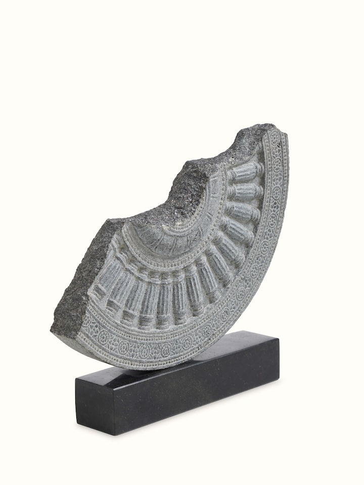 Angled view of the Stone Carved Rath Chakra Sculpture