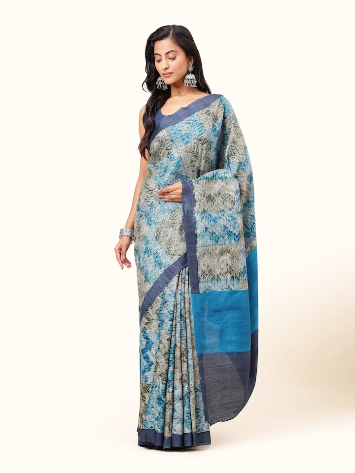 Indigo Tussar Silk Discharge Printed Saree