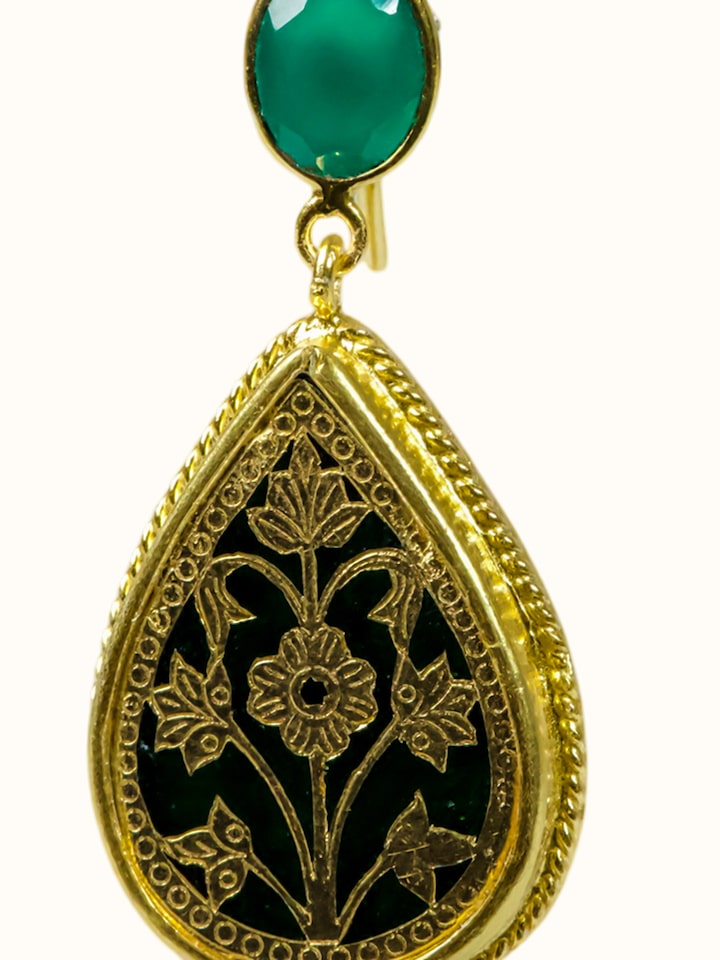 Detail view of Thewa Silver Drop Earrings highlighting the stone setting and metalwork detail