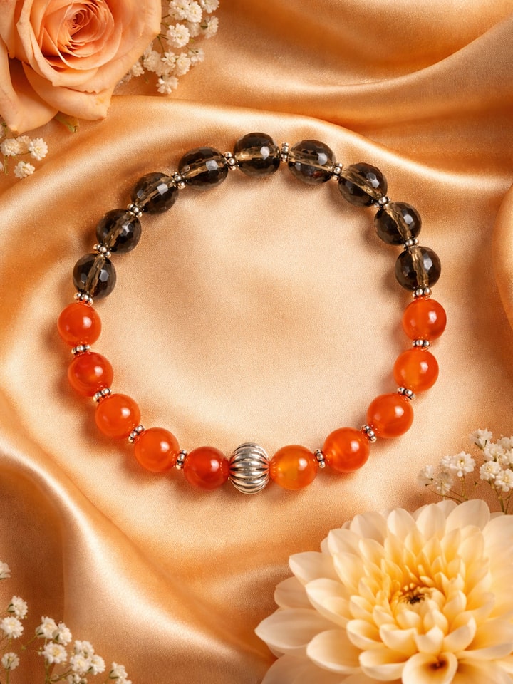Lifestyle view of the Gemstone Smoky Quartz & Red Onyx Silver Bracelet