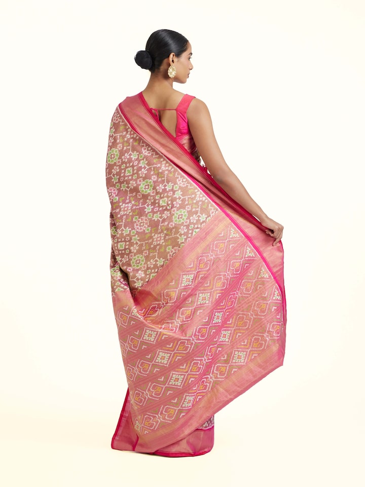 Back view of Multi Pochampally Ikat Silk Saree emphasizing the overall design and fine details