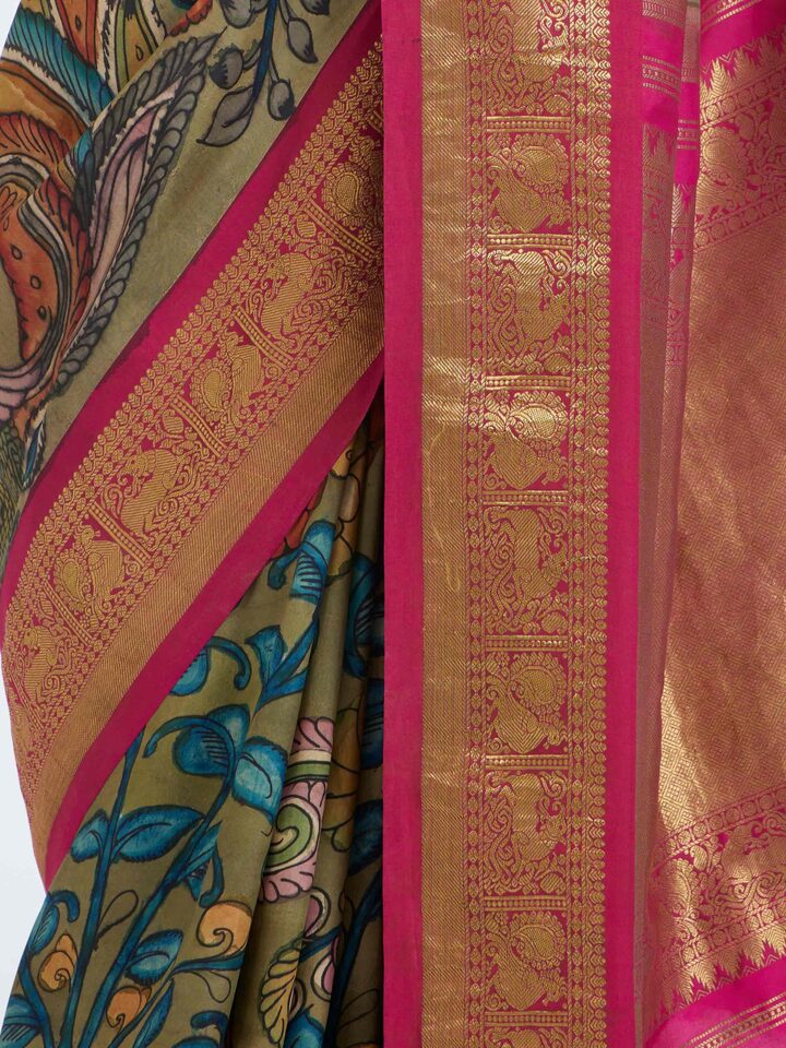 Detailed view of Maroon Kalamkari Kancheepuram Saree focusing on the fine craftsmanship and texture