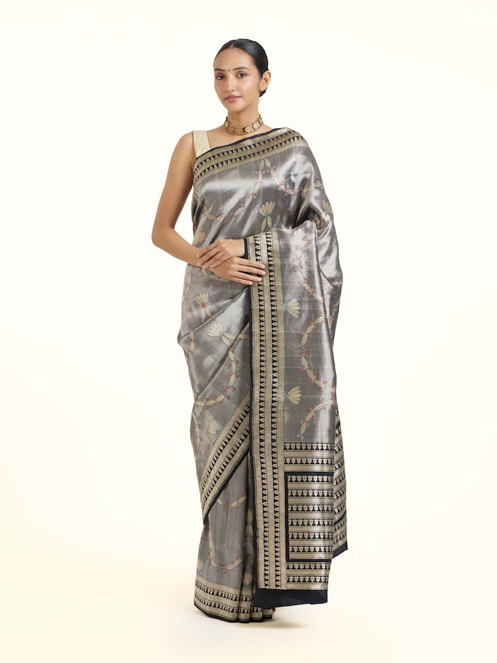 Front view of Black Banarasi Brocade Silk Saree showcasing its traditional craftsmanship and design