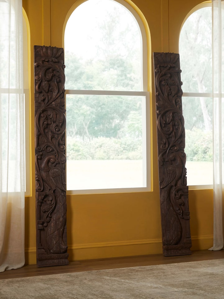 Side view of the Wood Carved Peacock Panel (2 Pieces)