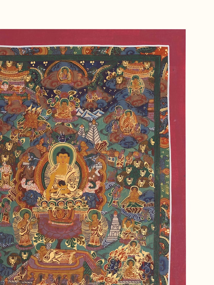 Detail view of the Buddha Life Story Thangka Painting