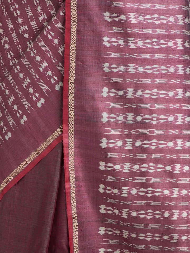 Detailed view of Purple Tussar Silk Odisha Ikat Saree focusing on the fine craftsmanship and texture