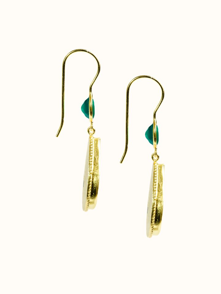 Front view of Thewa Silver Drop Earrings showing the complete piece and design, from a different angle